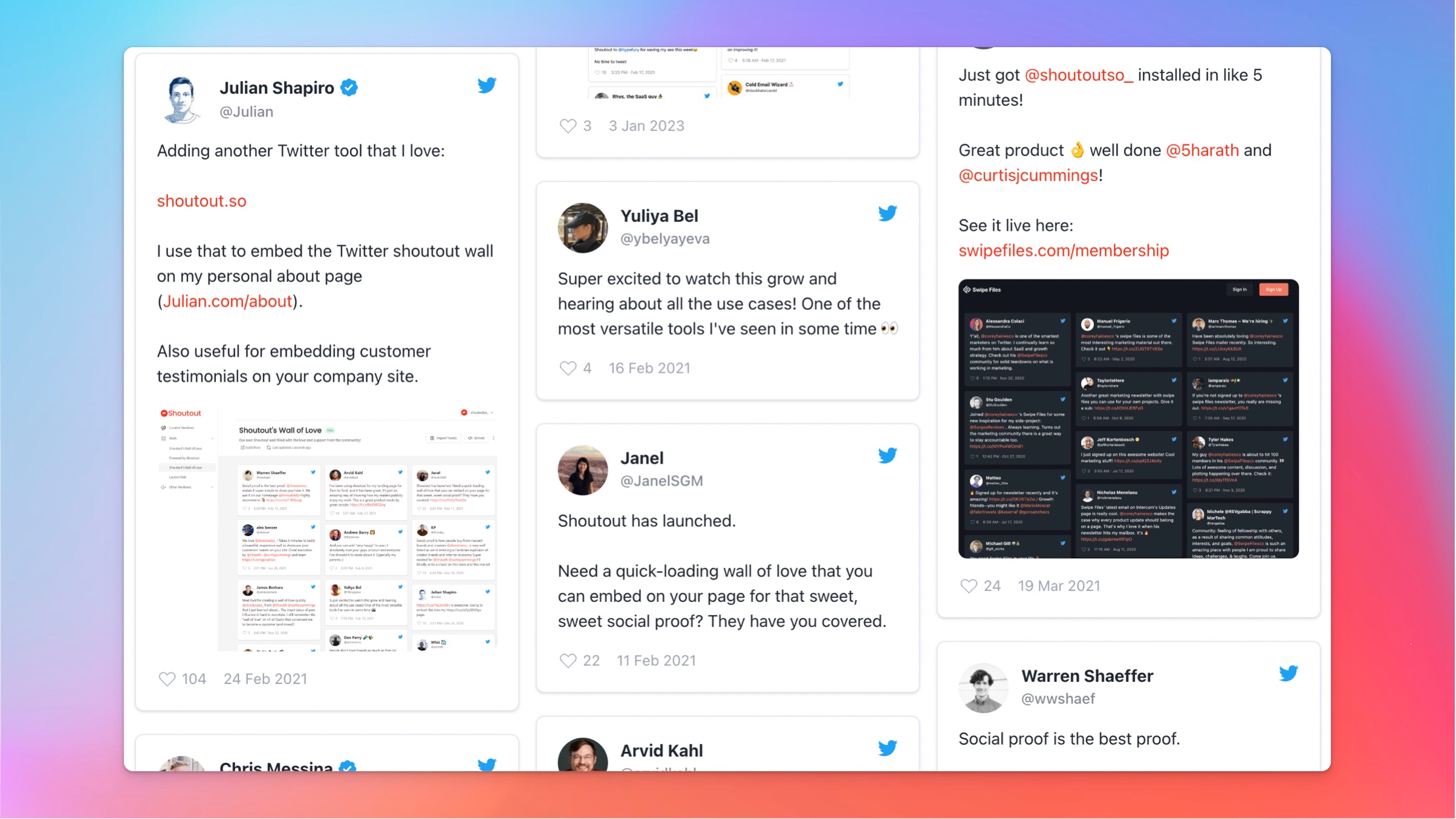 A grid of positive tweets about shoutout.io