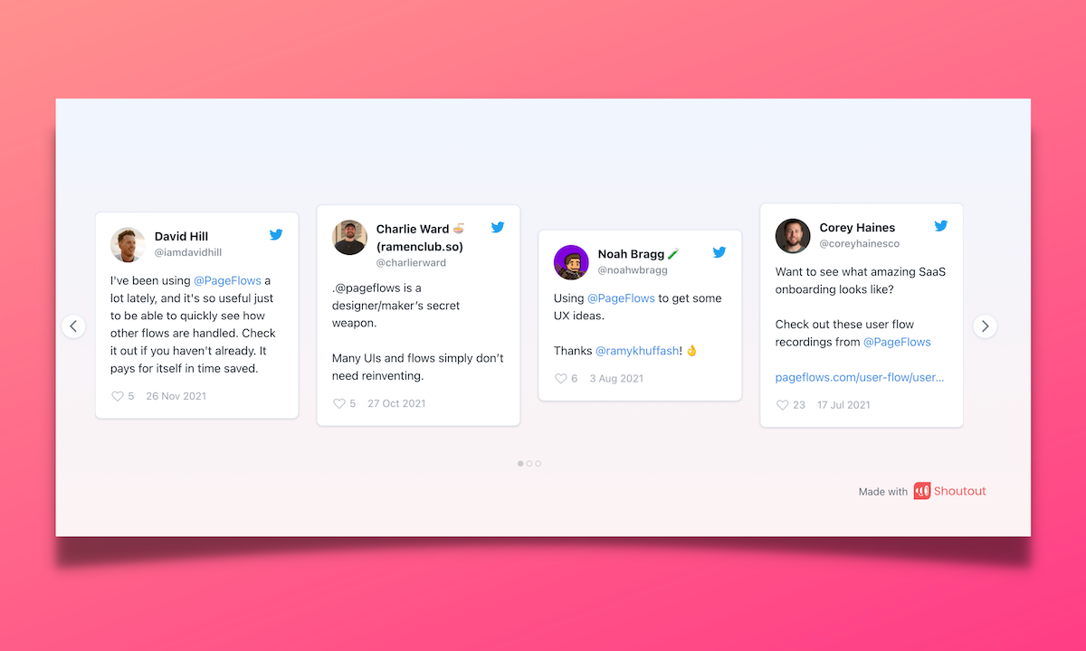 A screenshot of a testimonial slider created with shoutout.io, showing testimonials imported from Twitter