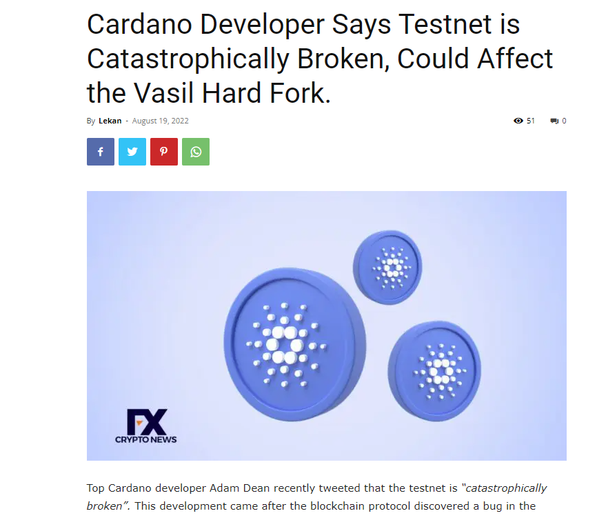 The avatar image for Cardano Developer Says Testnet is Catastrophically Broken, Could Affect the Vasil Hard Fork.